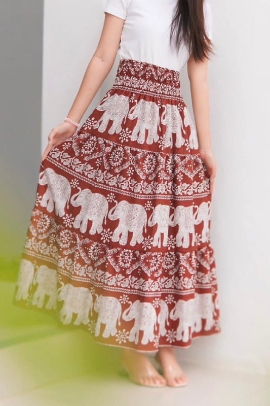 Jupe longue bohémienne à étages à taille smockée à prix grossiste - éléphant marron