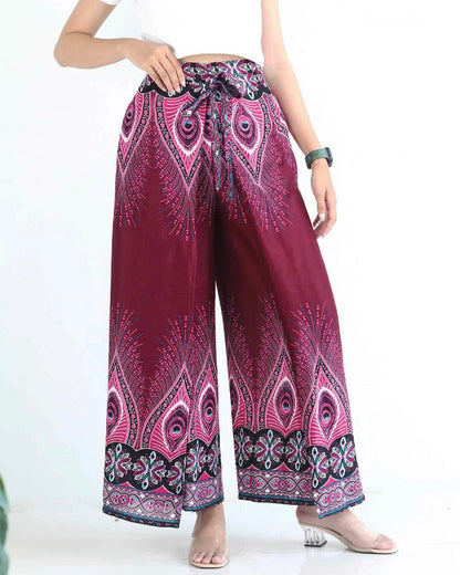 Pantalon Viscose Papillon thaïlandais rouge avec élastique à la taille - motif plume paon