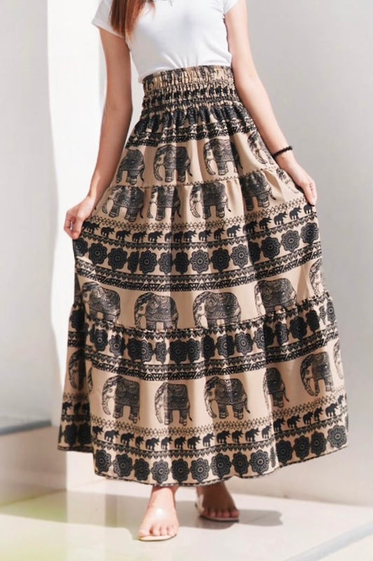 Jupe longue bohémienne à étages à taille smockée à prix grossiste - éléphant beige noir