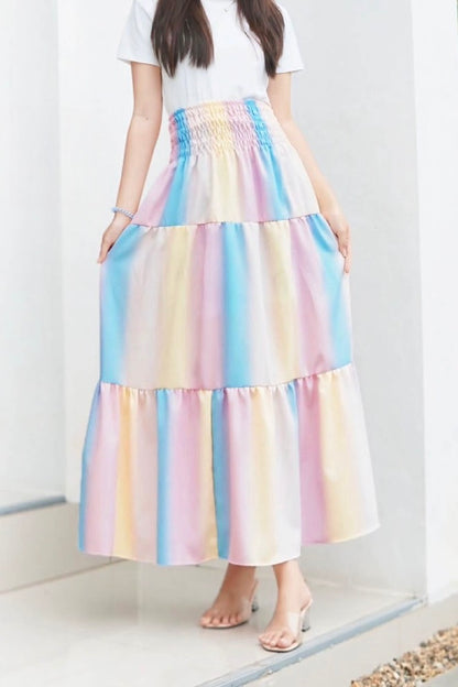 Jupe longue bohémienne à étages à taille smockée à prix grossiste - éléphant rose jaune