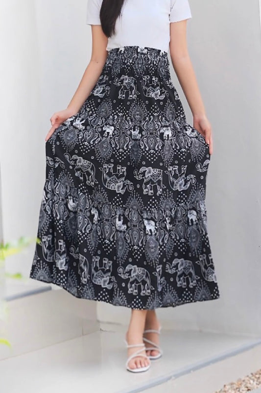 Jupe longue bohémienne à étages à taille smockée à prix grossiste - éléphant noir