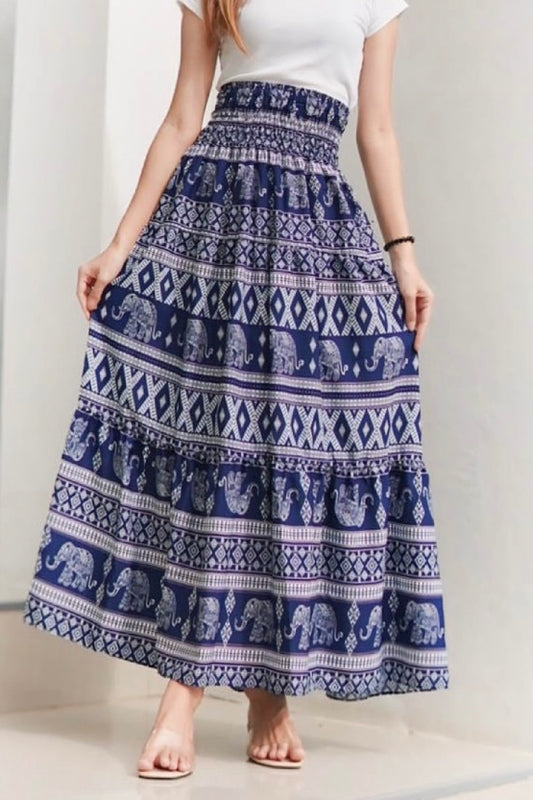 Jupe longue bohémienne à étages à taille smockée à prix grossiste - éléphant bleu
