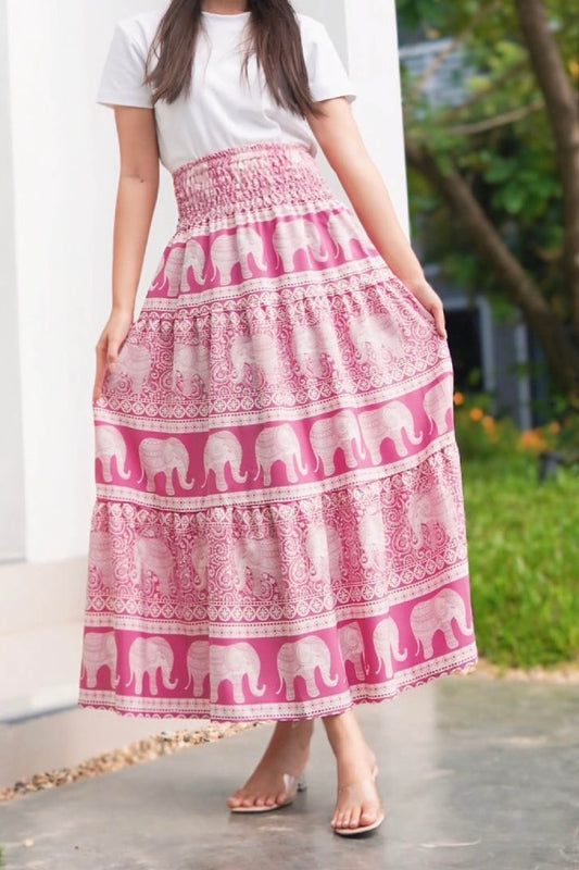 Jupe longue bohémienne à étages à taille smockée à prix grossiste - éléphant rose