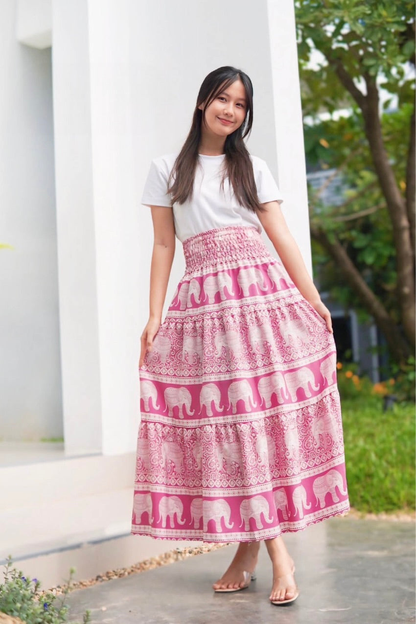 Jupe longue bohémienne à étages à taille smockée à prix grossiste - éléphant rose