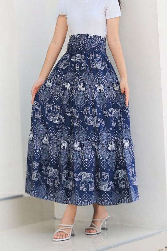 Jupe longue bohémienne à étages à taille smockée à prix grossiste - éléphant bleu