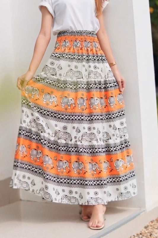 Jupe longue bohémienne à étages à taille smockée à prix grossiste - éléphant orange blanc