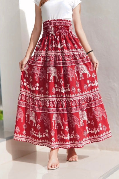 Jupe longue bohémienne à étages à taille smockée à prix grossiste - éléphant rouge