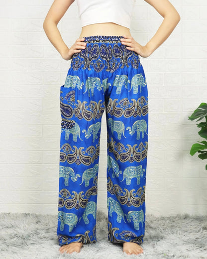 Pantalon éléphant thaïlandais Bleu en Viscose avec Élastique à la taille et aux chevilles - motif éléphant Thai