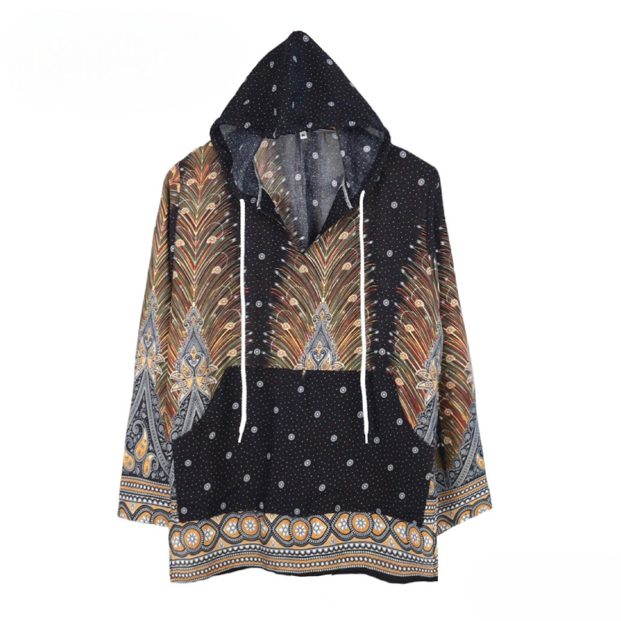 Veste a capuche imprimé coloré bohème en viscose noir - motif paon