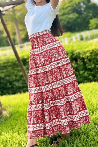 Jupe longue bohémienne à étages à taille smockée à prix grossiste - éléphant rouge