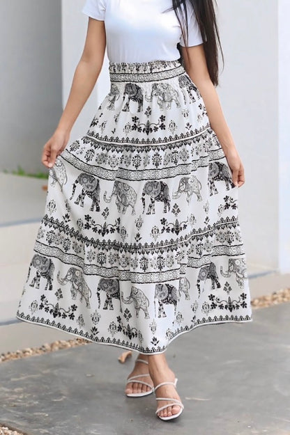 Jupe longue bohémienne à étages à taille smockée à prix grossiste - éléphant blanc