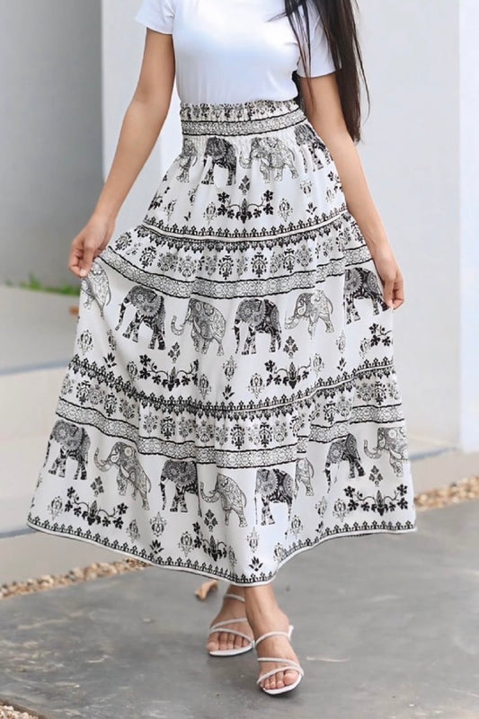 Jupe longue bohémienne à étages à taille smockée à prix grossiste - éléphant blanc