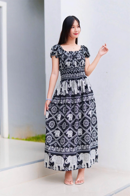 Robe Longue Élégante à Manches Bouffantes noir – Imprimé Éléphant Tendresse
