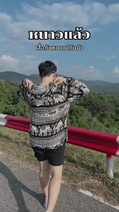 Veste a capuche imprimé coloré bohème en viscose noir - motif paon