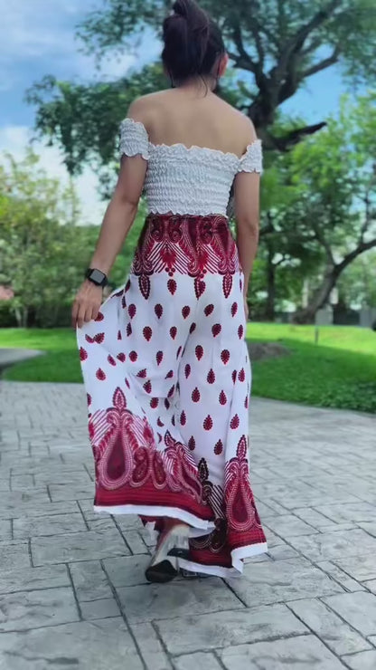 Pantalon Viscose Papillon thaïlandais rouge avec élastique à la taille - motif plume paon